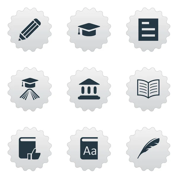 Vector illustratie Set van eenvoudige kennis iconen. Elementen afstuderen Hat, Tasklist, bibliotheek en andere synoniemen-gebouw, aanbevolen en potlood. — Stockvector
