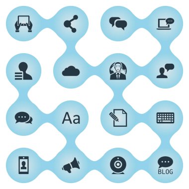 Vektör çizim basit bloglama simgeler kümesi. Öğeleri belge, dedikodu, bağımsız değişken ve diğer eş anlamlı megafon, tartışma ve bulut.