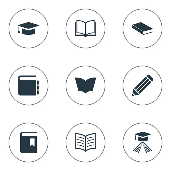 Vector illustratie Set van eenvoudige onderwijs iconen. Elementen Pen, boekomslag, laptop en andere synoniemen pagina, schrijven en leerboek. — Stockvector