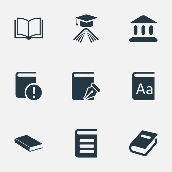 Ilustración vectorial Conjunto de iconos de conocimiento simple. Elementos Sombrero de Graduación, Cuaderno, Biblioteca y Otros Sinónimos Lectura, Enciclopedia y Construcción . — Vector de stock