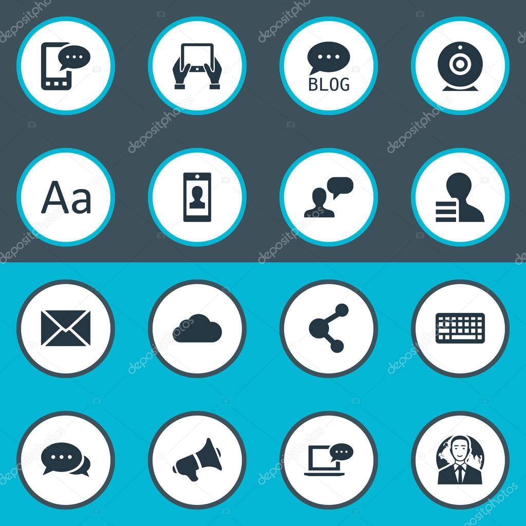 Vector Illustration Set Of Simple User Icons. Elements Overcast, Laptop, Loudspeaker And Other Synonyms Keyboard, Network And Laptop.