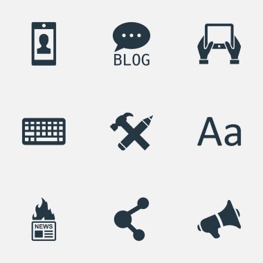 Vektör çizim basit gazete simgeler kümesi. Elements profili, not defteri, tuş takımı ve diğer eş profil, Tablet ve çekiç.