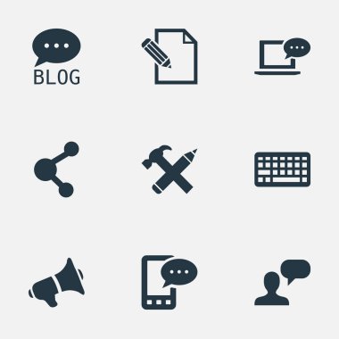 Vektör çizim basit bloglama simgeler kümesi. Öğeleri belge, tuş takımı, Site ve diğer eş anlamlı klavye, ağ ve Blog.