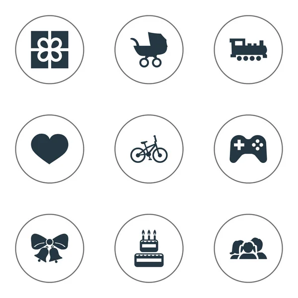Vektor Illustration Set von einfachen Feiertagssymbolen. Elemente Spiel, Süßwaren, Schachtel und andere Synonyme Herz, Spiel und Fahrrad. — Stockvektor