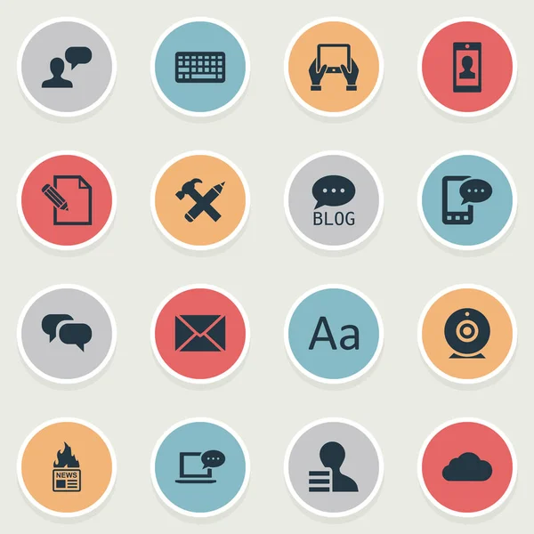 Vektör çizim basit bloglama simgeler kümesi. Öğeleri dedikodu, dizüstü bilgisayar, belge ve diğer eş anlamlı alfabesi, sıcak ve Site.