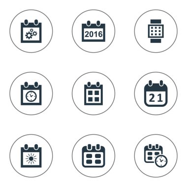 Vektör çizim basit zaman simgeler kümesi. Öğeleri Tarih, Almanak'ı, akıllı saat ve diğer eş anlamlı veri gündemi ve yıllık.