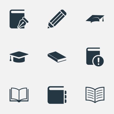 Vektör çizim basit eğitim simgeler kümesi. Öğeleri önemli okuma, günlük, akademik Cap ve diğer eş anlamlı günlük kalem ve mezuniyet.