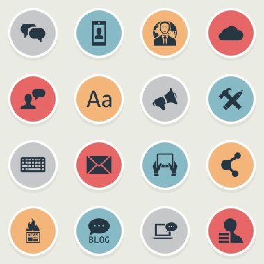 Vektör çizim basit kullanıcı simgeler kümesi. Öğeleri dedikodu, dizüstü bilgisayar, yazı ve diğer eş anlamlı Smartphone, konuşma ve Tablet.