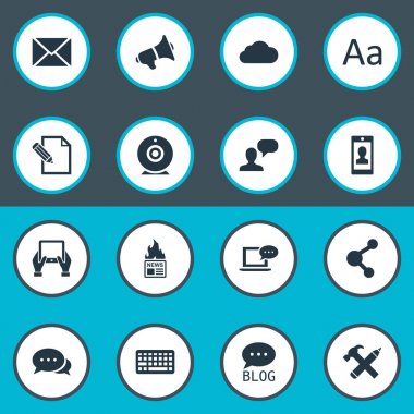 Vektör çizim basit bloglama simgeler kümesi. Öğeleri yayın, profil, Site ve diğer eş anlamlı Laptop, kalem ve tuş takımı.