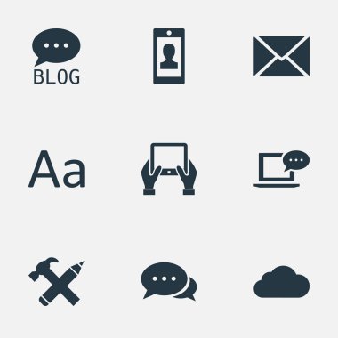 Vektör çizim basit gazete simgeler kümesi. Elements profili, not defteri, çengel ve diğer eş anlamlı sitesi, Laptop ve tartışma.