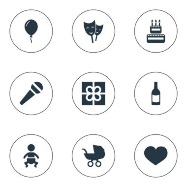 Vektör çizim basit kutlama simgeler kümesi. Öğeleri ruh, konuşma, maske ve diğer eş anlamlı bebeğim, tiyatro ve sinema oyuncusu.