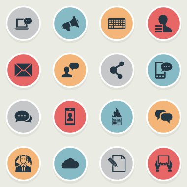 Vektör çizim basit bloglama simgeler kümesi. Öğeleri kazanmak, Laptop, tuş takımı ve diğer eş göz önüne alındığında, ağ ve hoparlör.