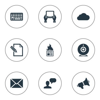 Vektör çizim basit gazete simgeler kümesi. Öğeleri tuş takımı, bulutlu, gazete ve diğer eş anlamlı not defteri, Laptop ve tartışma.