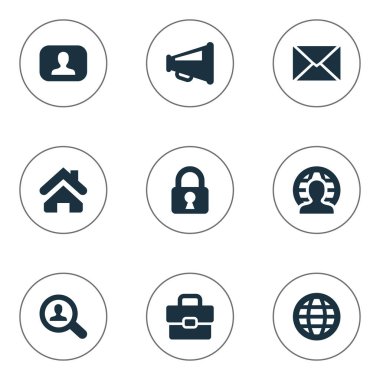 Vektör illüstrasyon iş basit simgeler kümesi. Öğeleri ana sayfa, gelen kutusu, dünya ve diğer eş anlamlı dağıtım gizli ve asma kilit.