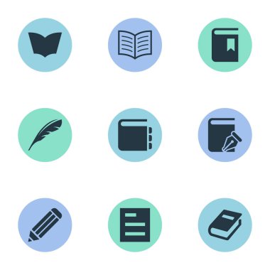 Vektör çizim basit okuma simgeler kümesi. Öğeleri Tasklist, kitap, Not Defteri sayfası ve diğer eş, tüy ve not defteri kapak.