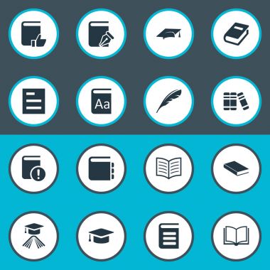 Vektör çizim basit eğitim simgeler kümesi. Öğeleri günlük, kitap sayfa, defter ve diğer eş anlamlı tüy, Kütüphane ve önemli.