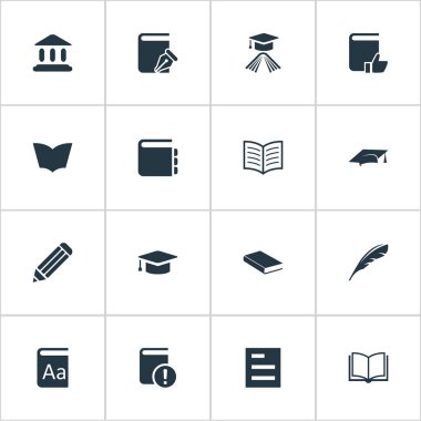 Vektör çizim basit okuma simgeler kümesi. Öğeleri kitap sayfa, akademik Cap, Sketchbook ve diğer eş anlamlı tüy, Not ve belge.