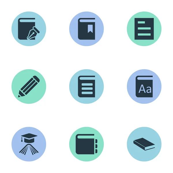 Vector illustratie Set van eenvoudige boeken iconen. Elementen Sketchbook, Afstudeer hoed, Tasklist en andere synoniemen encyclopedie, schrijven en boek. — Stockvector