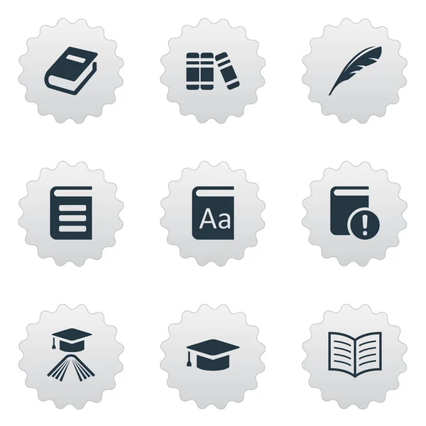 Vector illustratie Set van eenvoudige onderwijs iconen. Elementen alfabet, Plume, laptop en andere synoniemen afstuderen, boek en encyclopedie. — Stockvector