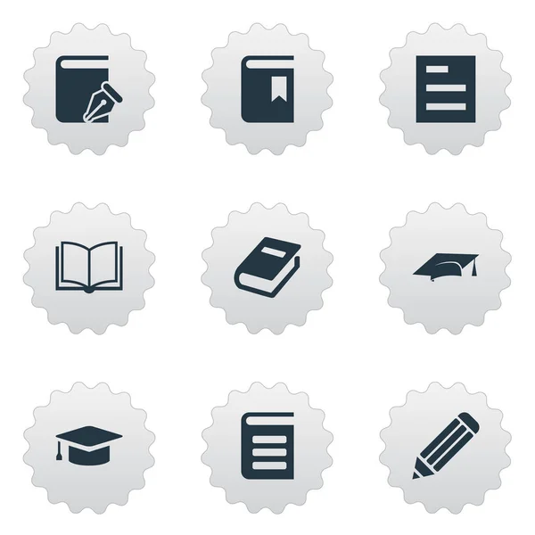 Vector illustratie Set van eenvoudige boeken iconen. De Cover van het boek van de elementen, encyclopedie, lege Notebook en andere academische synoniemen, lijst en Opmerking. — Stockvector