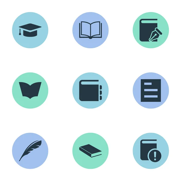 Vector illustratie Set van eenvoudige lezing iconen. Elementen Sketchbook, lege Notebook, lezen en andere synoniemen Blank, afstuderen en Kladblok. — Stockvector