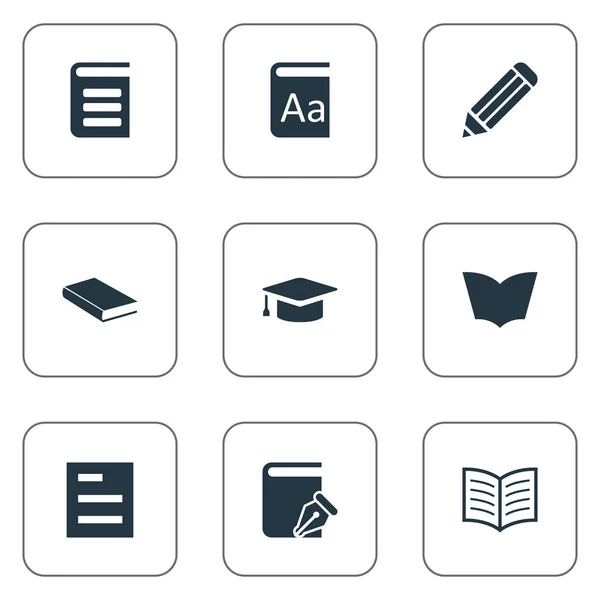 Vector illustratie Set van eenvoudige boeken iconen. Elementen Notebook, fotoboekpagina, academische GLB en andere synoniemen Journal, Document en schrijven. — Stockvector