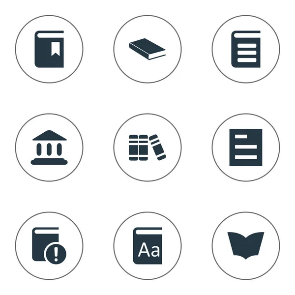 Vector illustratie Set van eenvoudige onderwijs iconen. Elementen Boek Cover, Tasklist, alfabet en andere synoniemen Notebook, boek en gebouw. — Stockvector