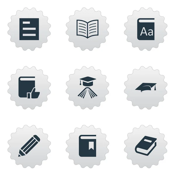 Vector illustratie Set van eenvoudige kennis iconen. Elementen afstuderen hoed, aanbevolen lezen, laptop en andere synoniemen begunstigd, schrijven en lezen. — Stockvector