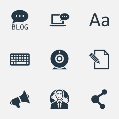 Vektör çizim basit gazete simgeler kümesi. Öğeleri belge, dizüstü bilgisayar, Site ve diğer eş anlamlı hoparlör, uluslararası ve dünya.