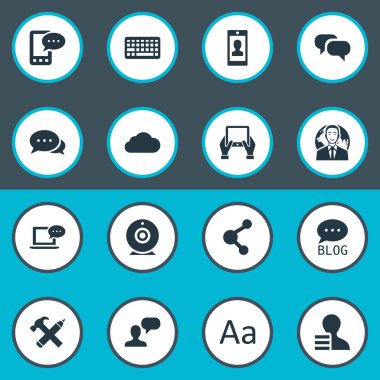 Vektör çizim basit bloglama simgeler kümesi. Öğeleri çengel, Laptop, dedikodu ve diğer eş bulutlu, kalem ve dedikodu.