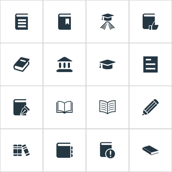 Векторный набор простых образовательных иконок. Элементы Рекомендуемое чтение, книжная полка, выпускная шляпа и другие энциклопедии синонимов, рекомендуется и чтение . — стоковый вектор