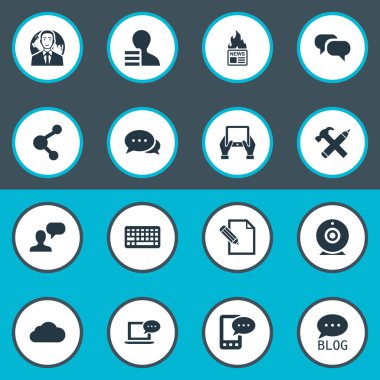 Vektör çizim basit bloglama simgeler kümesi. Öğeleri belge, tamir, gazete ve diğer eş gökyüzü, Tablet ve bulut.