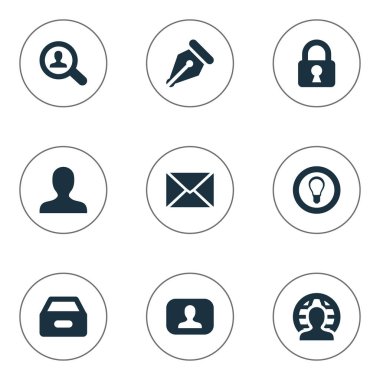 Vektör illüstrasyon iş basit simgeler kümesi. Öğeleri Büyüteç, NIB, gelen kutusu ve diğer eş anlamlı insan üye ve gizli.