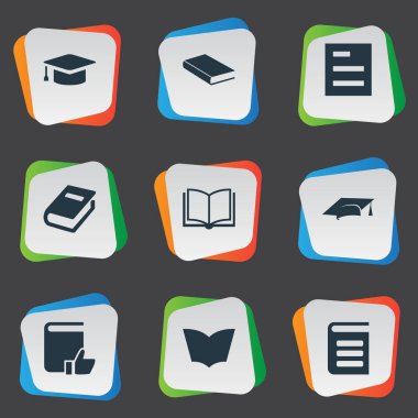 Vektör çizim basit eğitim simgeler kümesi. Öğeleri ansiklopedi, akademik Cap, Tasklist ve diğer eş anlamlı ders kitabı, kap ve şapka.