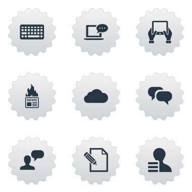 Vektör çizim basit gazete simgeler kümesi. Dikkate alınarak, bulutlu, kazanç ve diğer eş anlamlı tartışma öğeleri adam kalem ve tuş takımı.