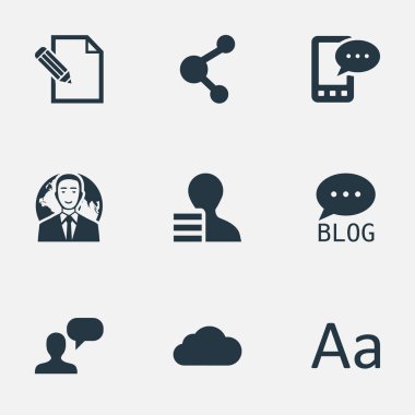 Vektör çizim basit bloglama simgeler kümesi. Öğeleri bulutlu, paylaşım, düşünüyor insan ve diğer eş kazanç, ağ ve telefon.