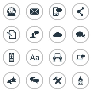 Vektör çizim basit kullanıcı simgeler kümesi. Öğeleri Laptop, dedikodu, not defteri ve diğer eş anlamlı mesaj uluslararası ve konuşma.