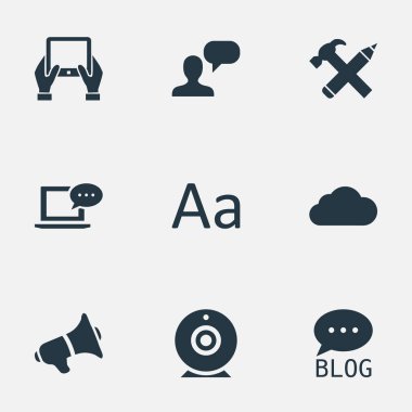 Vektör çizim basit kullanıcı simgeler kümesi. Öğeleri adam dikkate alınarak, hoparlör, dizüstü bilgisayar ve diğer eş gökyüzü, not defteri ve tipografi.