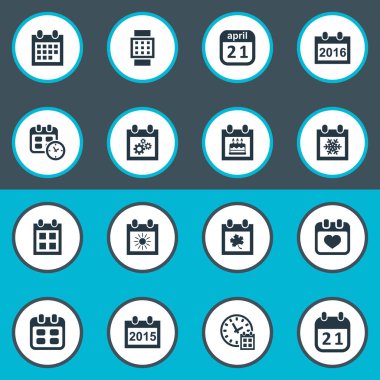 Vektör çizim basit takvim simgeler kümesi. Öğeleri olay, tarihi blok, hatırlatma ve diğer eş anlamlı kış, güneş ve saat.