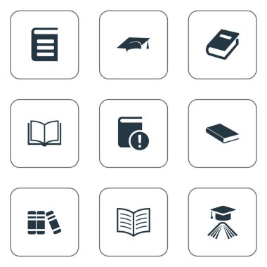 Vektör çizim basit okuma simgeler kümesi. Öğeleri Bookshelf, ansiklopedi, kitap sayfası ve diğer eş anlamlı defter, sözlük ve boş.