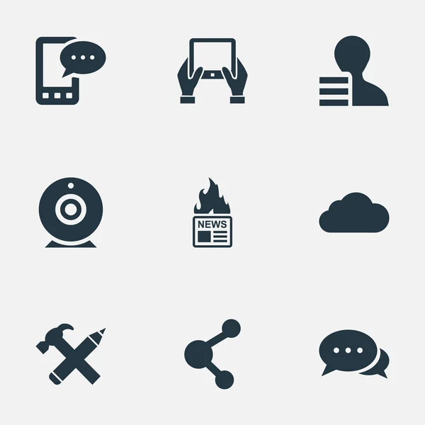 Vector illustratie Set van eenvoudige Blogging iconen. Elementen Kladblok, Argument, reparatie en andere synoniemen Kladblok, Tablet en E-brief. — Stockvector
