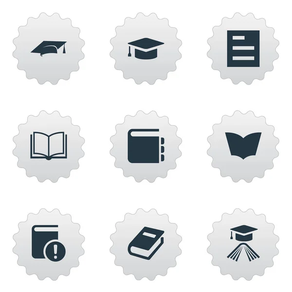 Vector illustratie Set van eenvoudige kennis iconen. Elementen blanco Notebook, laptop, belangrijke lezing en andere synoniemen hoed, pagina en Cap. — Stockvector