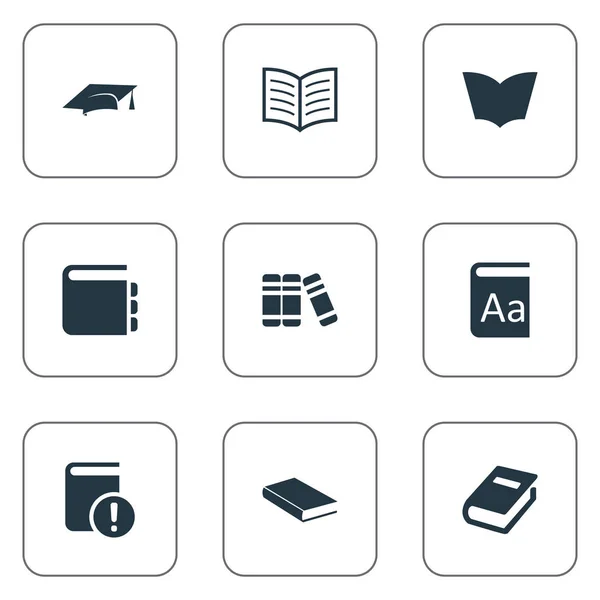 Vector illustratie Set van eenvoudige lezing iconen. Elementen Notebook, fotoboekpagina, laptop en andere synoniemen Cap, pagina en alfabet. — Stockvector