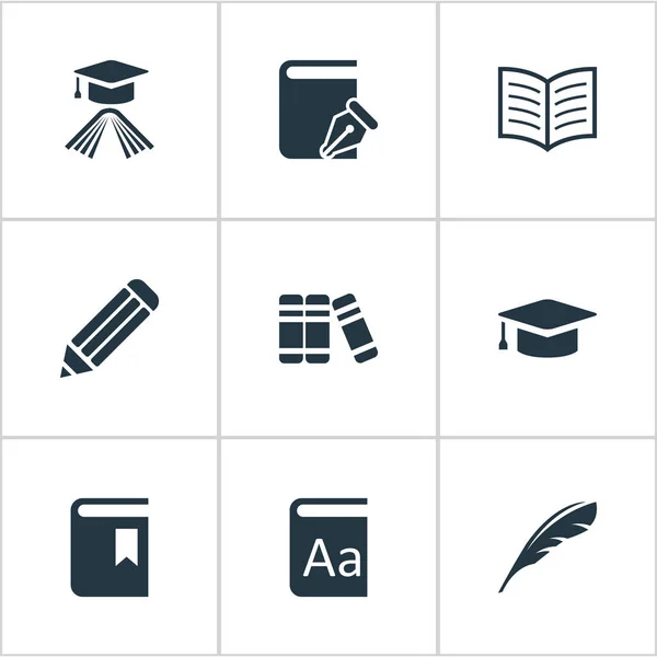 Vector illustratie Set van eenvoudige kennis iconen. Elementen Boek Cover, Pen, alfabet en andere synoniemen Quill, hoed en Bookshelf. — Stockvector
