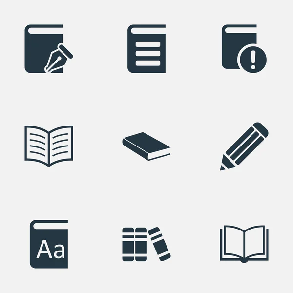 Vector illustratie Set van eenvoudige kennis iconen. Elementen blanco Notebook, belangrijke lezing, schetsboek en andere synoniemen boek, belangrijk en Bookshelf. — Stockvector