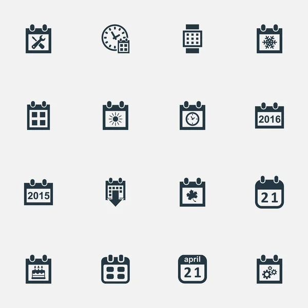 Vector illustratie Set van eenvoudige datum iconen. Elementen sneeuwvlok, Deadline, zomer agenda en andere synoniemen wiel, gebeurtenis en uur. — Stockvector