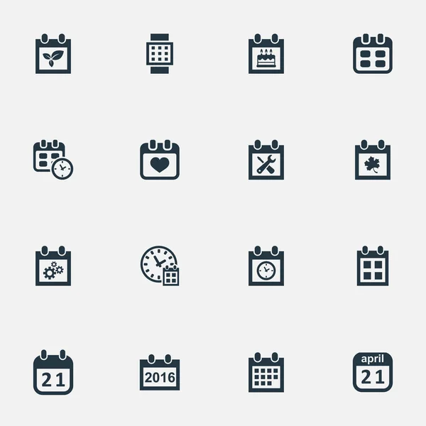 Vector illustratie Set van eenvoudige datum iconen. Elementen hart, renovatie Tools, datum blok en andere synoniemen uur, verjaardag en almanak. — Stockvector