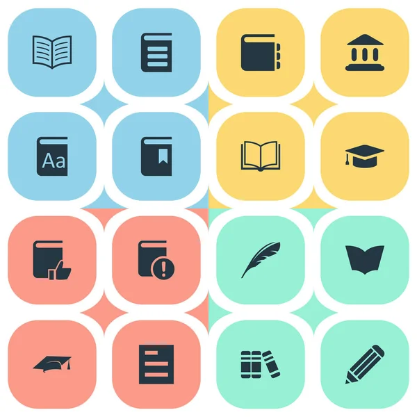 Vektor Illustration uppsättning enkel utbildning ikoner. Delar bibliotek, uppslagsverk, bokhylla och andra synonymer bibliotek, anteckningsbok och dokument. — Stock vektor
