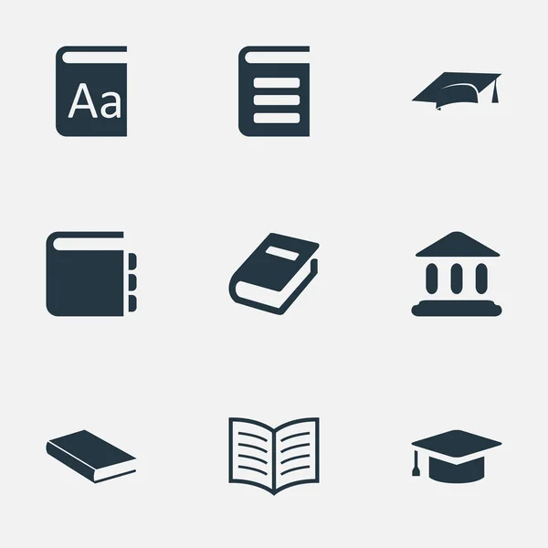 Vector illustratie Set van eenvoudige onderwijs iconen. Elementen academische Cap, fotoboekpagina, laptop en andere synoniemen Cap, School en dagboek. — Stockvector