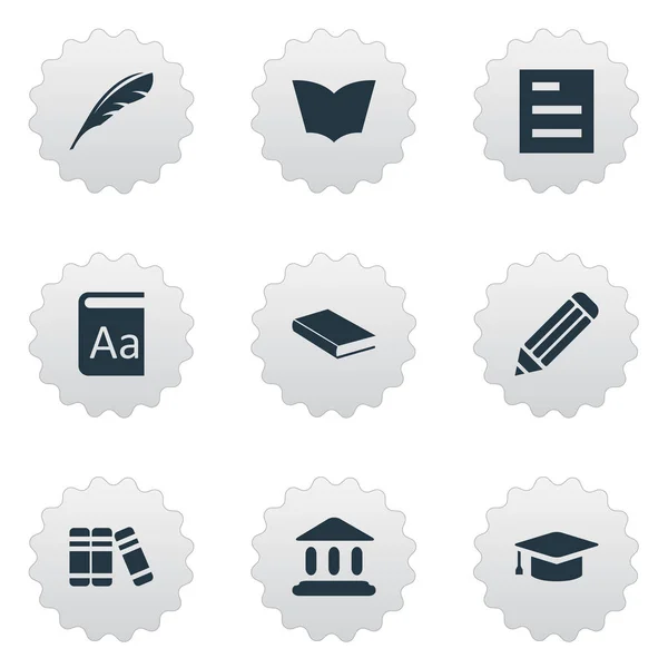 Vector illustratie Set van eenvoudige onderwijs iconen. Onderdelen boekenkast, Tasklist, Notebook synoniemen School, winkel en andere Quill. — Stockvector